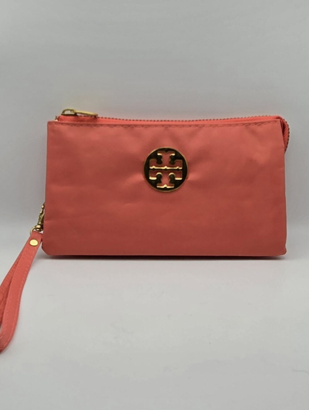 Tory Burch Coral Nylon Wristlet with Gold Emblem